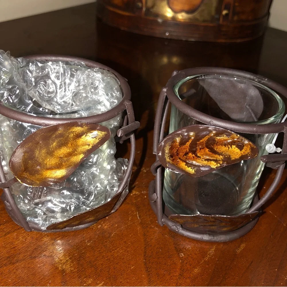 Set of 2 Copper Bronze Leaf Glass Votive Candle Holders Rustic Fall Decor